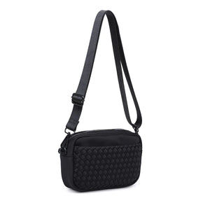 Black Sol & Selene woven neoprene crossbody bag with adjustable strap and modern design.
