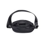 Black woven neoprene crossbody bag by Sol & Selene featuring a sleek, modern design and adjustable strap.