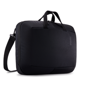 Black Thule Subterra 2 Attaché 16-inch briefcase with secure handle and sleek design, ideal for professional use.