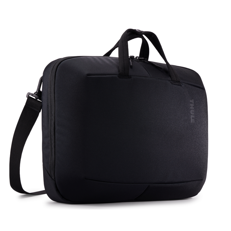 Black Thule Subterra 2 Attaché 16-inch briefcase with secure handle and sleek design, ideal for professional use.