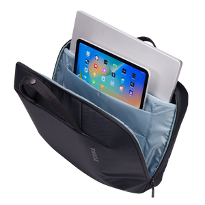 Black Thule Subterra 2 Attaché 16-inch briefcase showing sleek design with a sturdy handle and secure zipper closure.