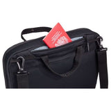 Black Thule Subterra 2 Attaché 16-inch briefcase with sturdy handle and zippered compartments for organized professional carry.