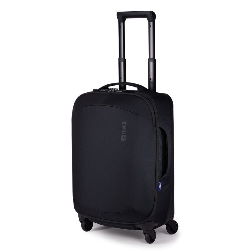 Black Thule Subterra 2 Carry-On Spinner 35L luggage with four wheels and telescopic handle for easy travel.