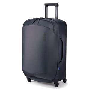 Black Thule Subterra 2 checked spinner luggage with 65L capacity, featuring durable wheels and a sleek, hard-shell design.