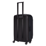 Black Thule Subterra 2 checked spinner luggage with 65L capacity, durable hard-shell design and four smooth-rolling wheels.