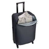 Black Thule Subterra 2 checked spinner luggage with 65L capacity, featuring durable wheels and a sleek, modern design.