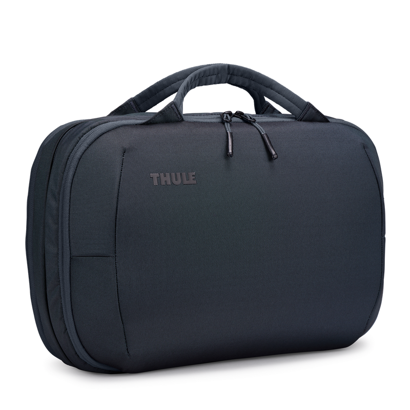 Dark slate Thule Subterra 2 hybrid travel bag, convertible design with multiple compartments and sturdy handles for versatile travel.