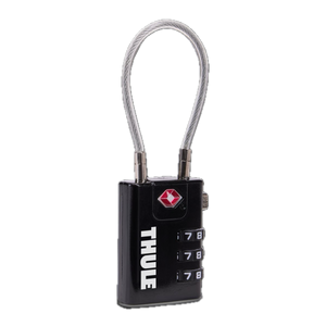 Thule TSA cable lock with key for securing luggage and travel gear, featuring a durable cable and key lock mechanism.