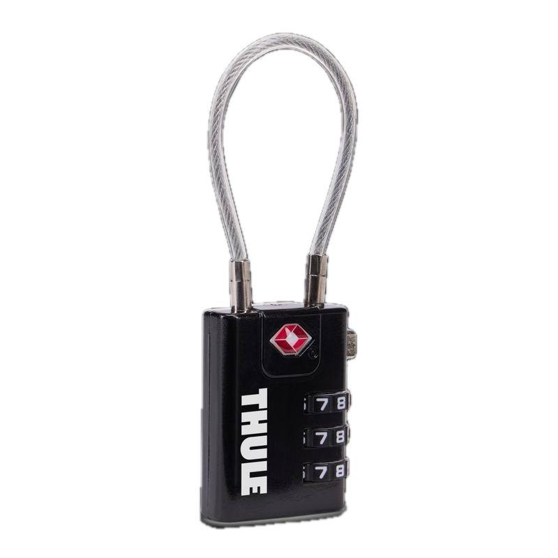 Thule TSA cable lock with key for securing luggage and travel gear, featuring a durable cable and key lock mechanism.
