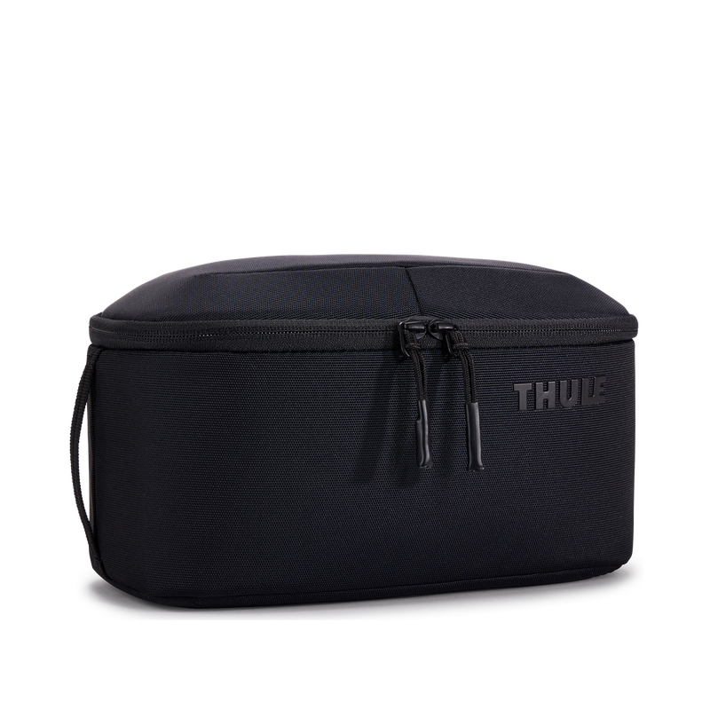 Black Thule Subterra 2 toiletry bag with compact design and multiple compartments for travel essentials.
