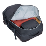 Thule Subterra 2 wheeled duffel bag in black with 90L capacity, featuring sturdy wheels and a compact handle for travel.