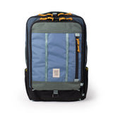 Topo Designs Global Travel Bag 30L backpack in stone blue and forest green with multiple compartments and sturdy straps.