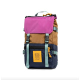 Topo Designs Rover Pack Mini backpack in rugged fabric with adjustable straps and multiple compartments, designed for everyday use.
