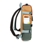 Topo Designs Rover Pack Classic backpack in recycled forest khaki with multiple compartments and sturdy straps.