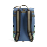 Topo Designs Rover Pack Classic backpack in Stone Blue and Ash Green, showing the front view with adjustable straps and top handle.