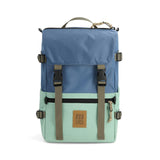 Topo Designs Rover Pack Classic backpack in Stone Blue and Ash Green, front view showing durable fabric and spacious compartments.