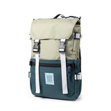 Topo Designs Rover Pack Classic backpack in canvas with leather accents, featuring adjustable straps and multiple compartments.