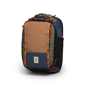 Topo Designs Global Travel Backpack with multiple compartments, adjustable straps, and durable fabric, shown in a large view.
