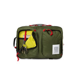 Olive green Topo Designs Global Briefcase with front zipper pocket and leather accents, showcasing a sleek, durable briefcase design.