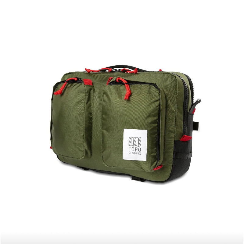 Topo Designs Global Briefcase in durable fabric with leather accents, featuring multiple compartments and sleek carry handles.