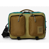 Topo Designs Global Briefcase showing durable canvas material, leather accents, and multiple compartments for organized storage.
