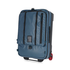 Topo Designs Apex Roller carry-on luggage in Pond Blue Grid with durable fabric and sleek design, suitable for travel.