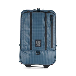 Topo Designs Apex Roller carry-on luggage in pond blue grid with durable fabric and sleek design for travel.