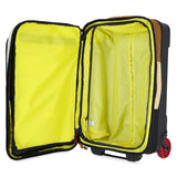 Topo Designs Global Travel Bag Roller carry-on luggage in bone white and olive, featuring durable wheels and spacious interior.