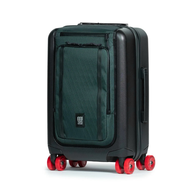 Large image of Topo Designs Global Pro Travel Roller Bag with sturdy wheels and expandable compartments for travel.
