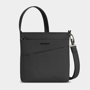 Travelon Roam small crossbody bag with adjustable strap and multiple compartments, shown in black fabric.