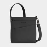 Travelon Roam small crossbody bag with adjustable strap and multiple compartments, shown in black fabric.