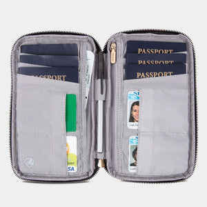 Travelon family passport zip wallet with multiple compartments, black fabric, and secure zipper closure for travel organization.