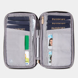 Travelon family passport zip wallet with multiple compartments, black fabric, and secure zipper closure for travel organization.