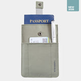 Black Travelon RFID pull-up passport wallet with multiple compartments for passports and travel documents.