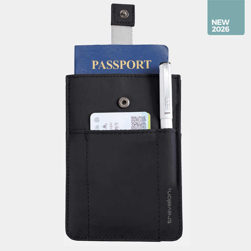 Black Travelon RFID Pull Up Passport Wallet with multiple card slots and secure design for travel and identification.
