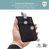 Black Travelon RFID Pull Up Passport Wallet with multiple compartments for secure travel documentation storage.