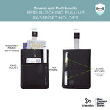 Travelon RFID pull-up passport wallet in black with multiple compartments for travel documents and RFID protection.