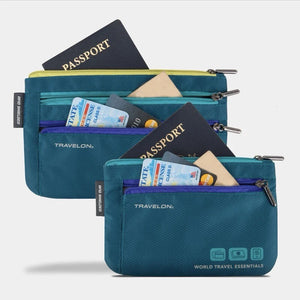 Travelon set of 2 currency and passport organizers with multiple compartments for travel documents and cash.