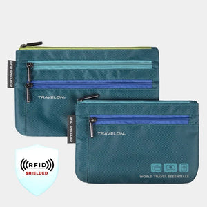 Travelon set of 2 currency and passport organizers, showing sleek fabric wallets with multiple compartments for travel essentials.