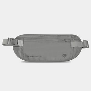 Travelon RFID undercover waist pack with multiple compartments and adjustable strap, designed for secure travel organization.