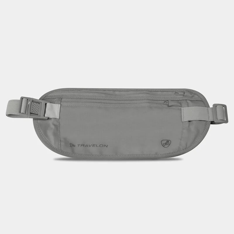 Travelon RFID undercover waist pack with multiple compartments and adjustable strap, designed for secure travel organization.