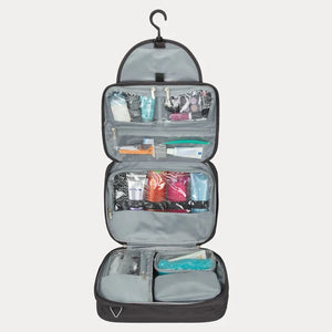 Travelon Complete Toiletry Bag with multiple compartments and hanging hook for organized travel toiletry storage.