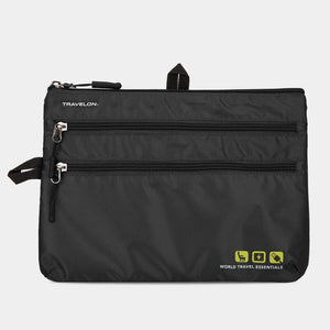 Travelon Seat Pack Organizer for travel essentials, featuring multiple compartments and adjustable straps for secure packing.