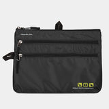 Travelon Seat Pack Organizer for travel essentials, featuring multiple compartments and adjustable straps for secure packing.