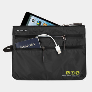 Travelon Seat Pack Organizer for travel essentials, showing compact storage with multiple compartments for organization.