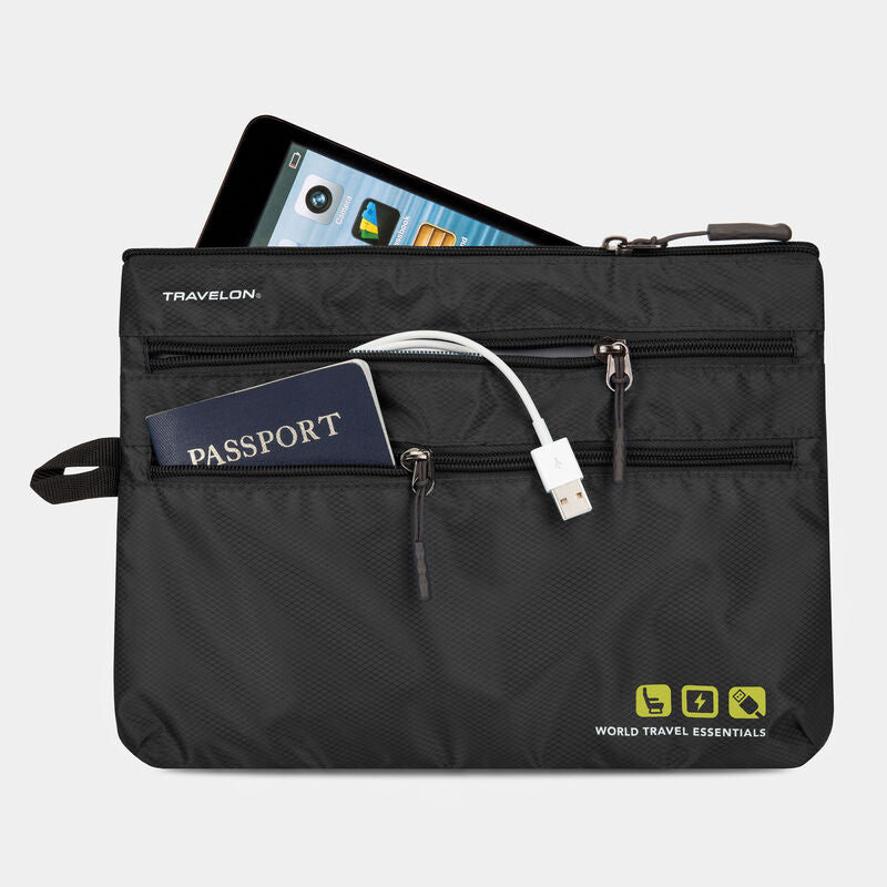 Travelon Seat Pack Organizer for travel essentials, showing compact storage with multiple compartments for organization.