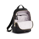 Tumi Voyageur Hannah leather backpack with adjustable straps and multiple compartments, stylish and functional for daily use.