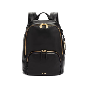 Tumi Voyageur Hannah leather backpack with adjustable straps, multiple compartments, and sleek design for stylish everyday use.