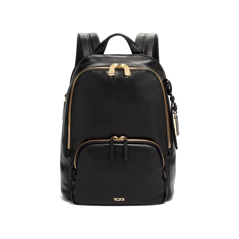 Tumi Voyageur Hannah leather backpack with adjustable straps, multiple compartments, and sleek design for stylish everyday use.