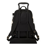 Tumi Voyageur Celina backpack in sleek design with multiple compartments, black fabric, and adjustable straps.